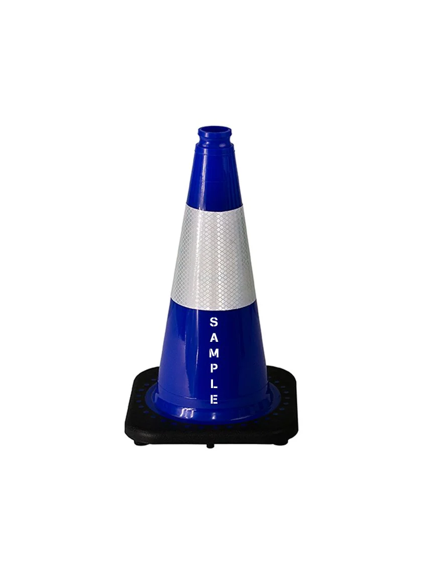 Blue 18\" Cone with Black Base, 6\" Reflective Collar and Custom Stencil