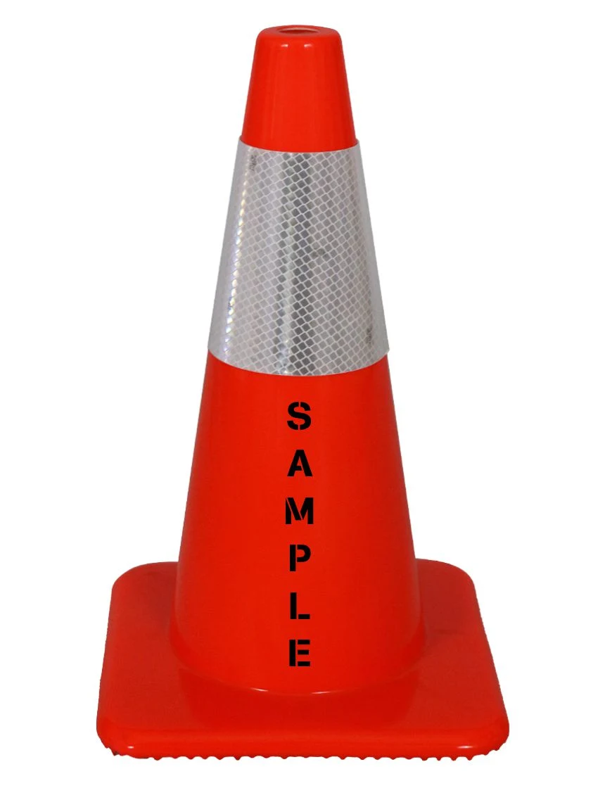 Orange 18\" Cones with 6\" Reflective Collar with Double Sided (2X) Custom Stencil