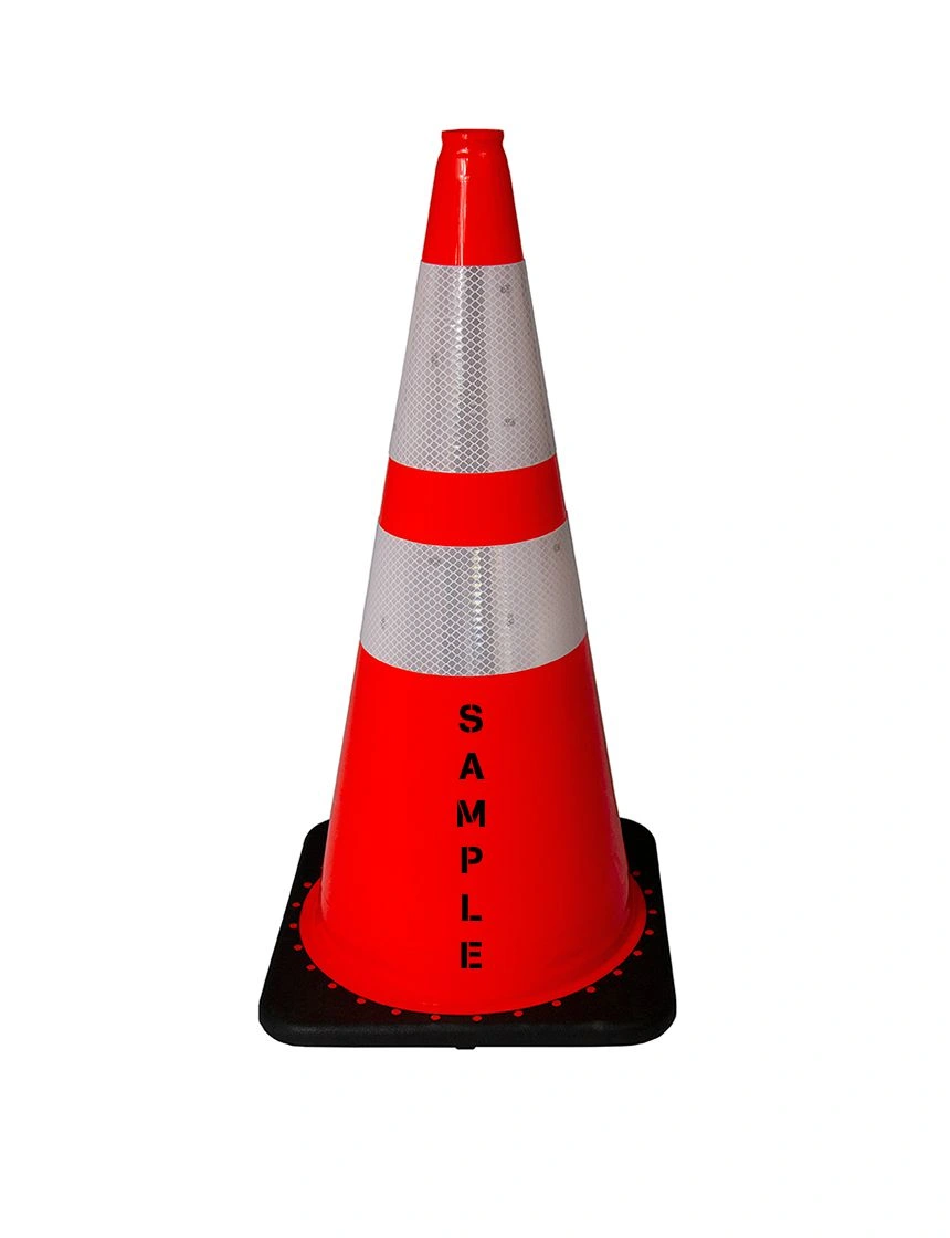 Orange 28\" 5.5 lb Black Base Cone, 6\" \u0026 4\" Reflective Collars and Custom Stencil