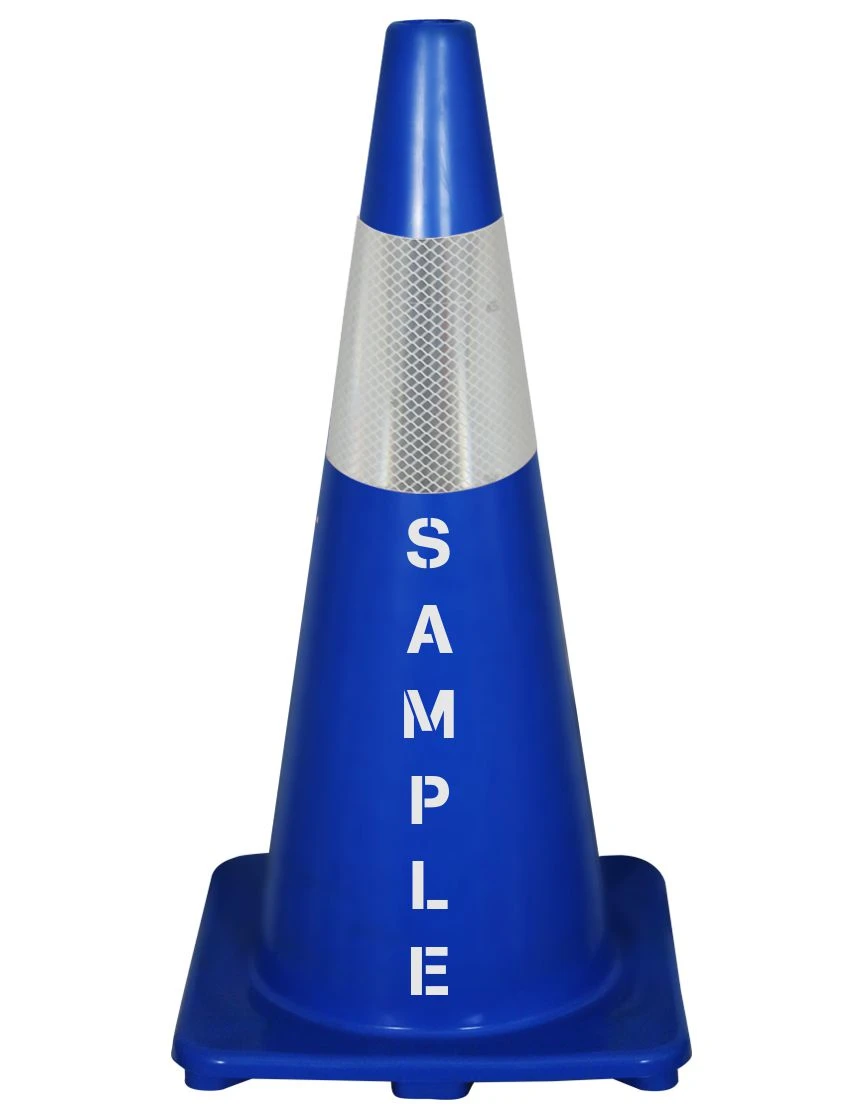Solid Blue, 28\", 5 lb, Economy Cone with 6\" Reflective Collar and Double Sided (2x) Custom Stencil