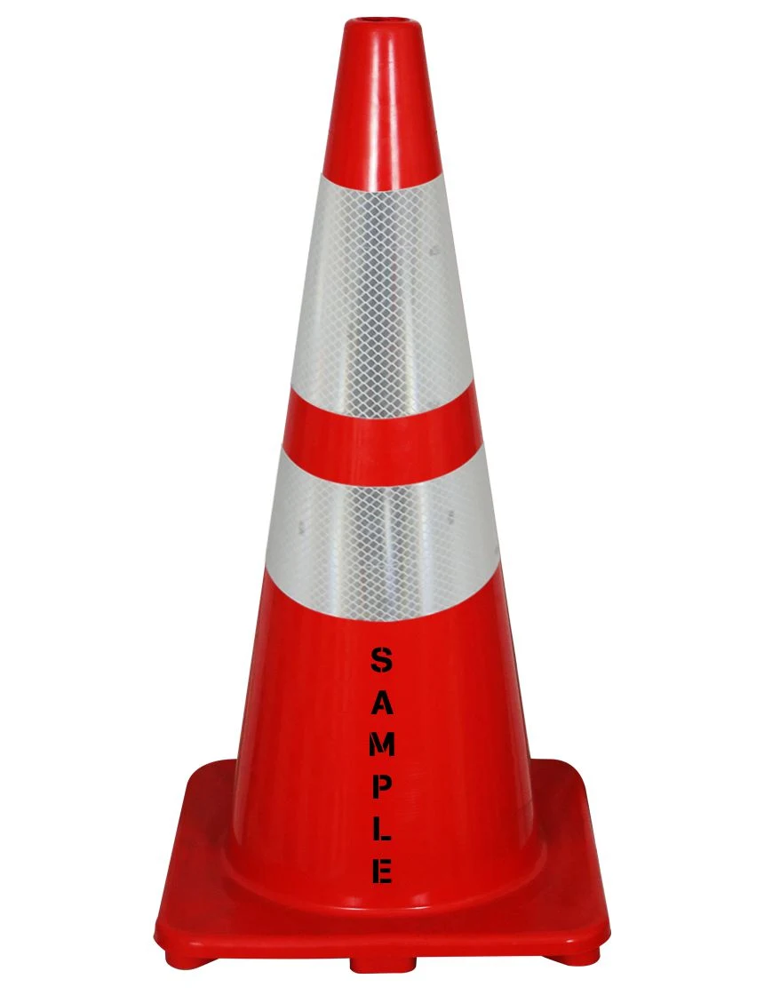 Solid Red 28\", 5 lb, Economy Cone with 6\" \u0026 4\" Reflective Collars and Double Sided (2x) Custom Stencil
