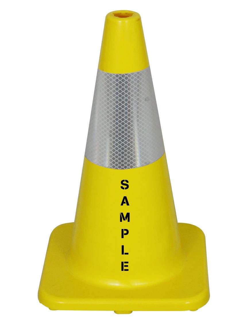 Solid Yellow, 18\" Economy Cone with 6\" Reflective Collar \u0026 Double Sided (2X) Custom Stencil