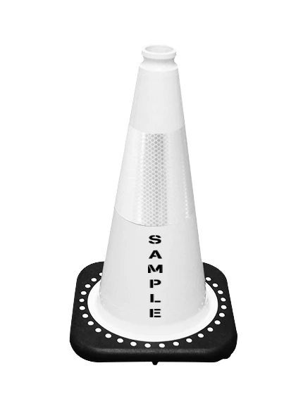 White 18\" Cone with Black Base, 6\" Reflective Collar and Custom Stencil