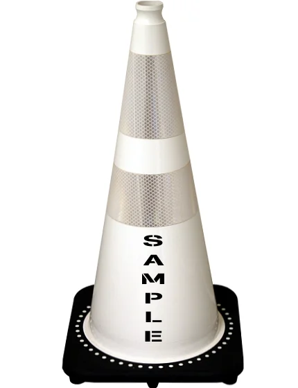 White 28\" 7 lb Black Base Cone, 6\" \u0026 4\" Reflective Collars and Custom Stencil