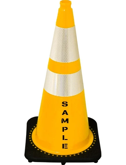 Yellow 28\" 7 lb Black Base Cone, 6\" \u0026 4\" Reflective Collars and Double Sided (2X) Custom Stencil